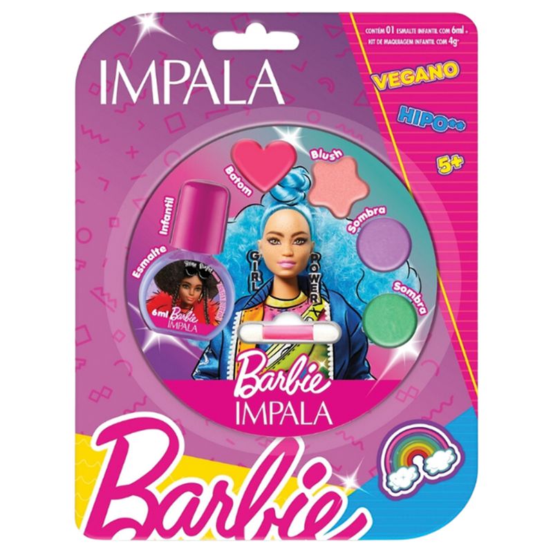 Kit-Impala-Barbie-1--Esmalte-Infantil--Extraordinario-6-ml---Paleta-de-Maquiagem-Girl-Power-