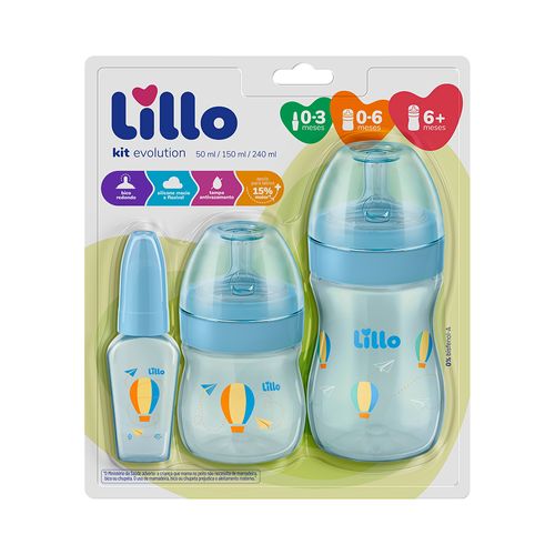 Kit Mamadeira Lillo Evolution Primeiros Passos Azul (50ml + 150ml + 240ml)