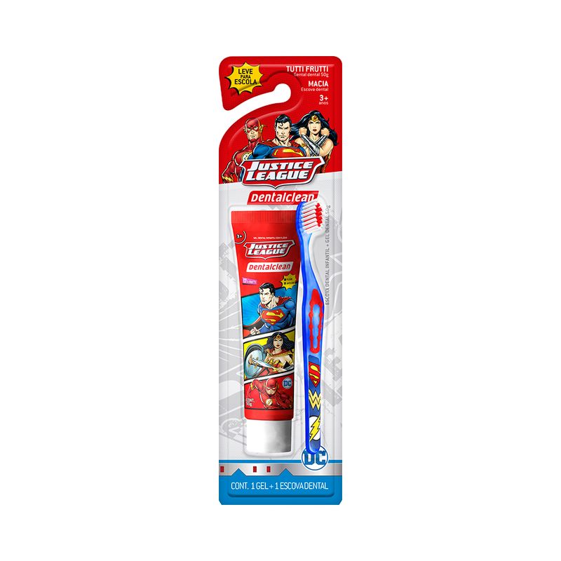 Kit Escolar Infantil Dentalclean Liga Da Justica -Escova Dental - Gel Dental 50g-